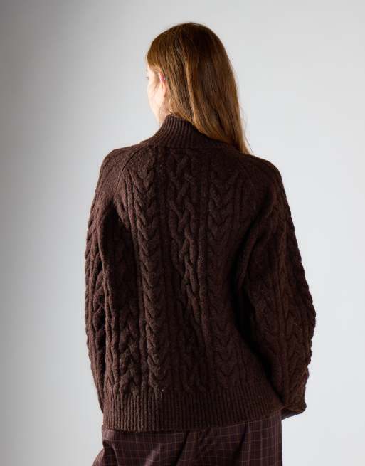 Glamorous Cable-knit quarter-zip jumper in dark brown marl, 2 of 4
