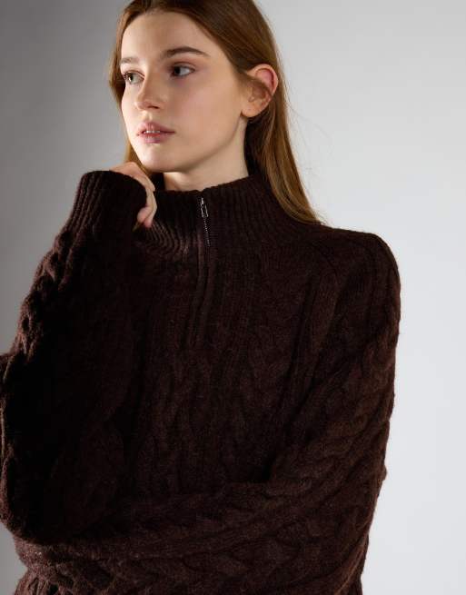 Glamorous Cable-knit quarter-zip jumper in dark brown marl, 4 of 4