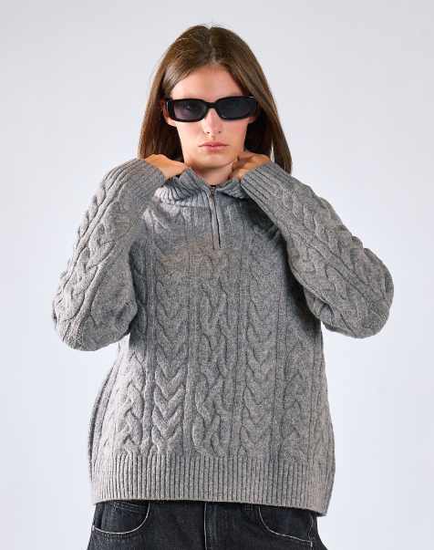 Glamorous Cable-knit quarter-zip jumper in grey marl - view 1