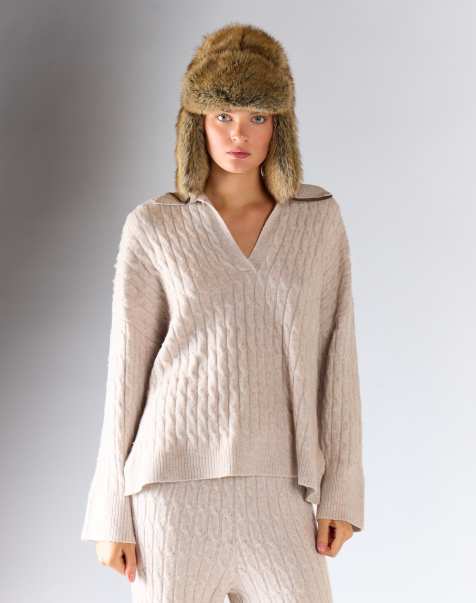 Glamorous Cable knit v-neck collared jumper in stone marl