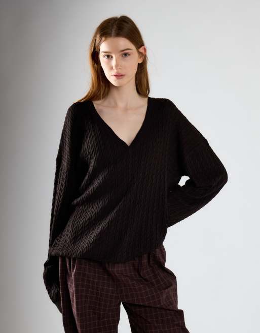 Glamorous Cable-knit v-neck sweater in deep brown, 2 of 4