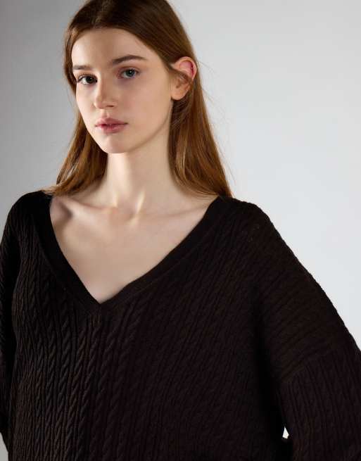 Glamorous Cable-knit v-neck sweater in deep brown, 3 of 4