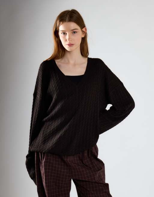 Glamorous Cable-knit v-neck sweater in deep brown, 4 of 4