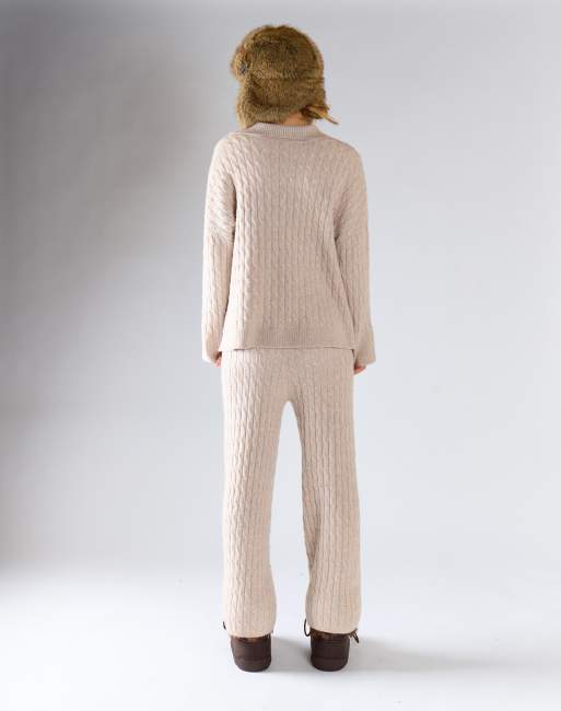 Glamorous Cable knit wide-leg trousers in stone marl, 3 of 4