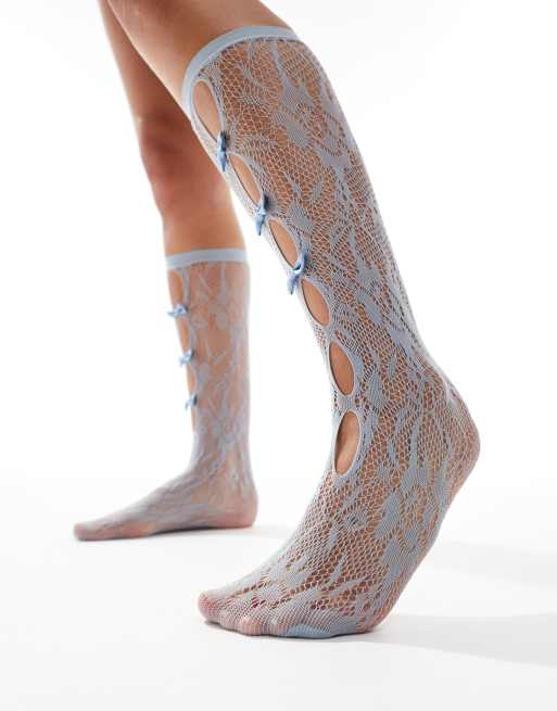 Glamorous - Calzini blu traforati con fiocchi 