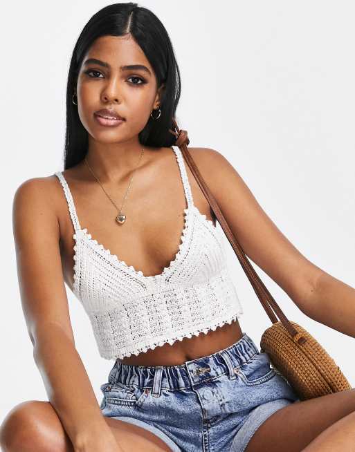 Glamorous cami crop top in white crochet