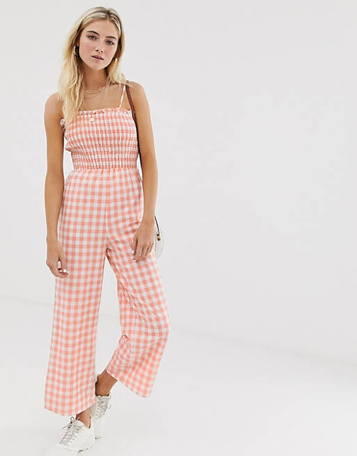 Glamorous cami jumpsuit with shirring in gingham