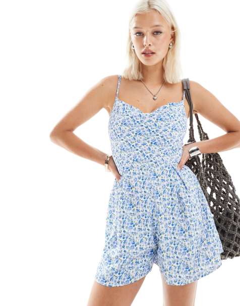 Glamorous cami plasuit in vintage blue floral - view 1