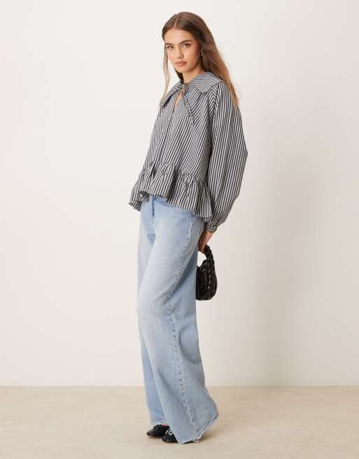 Glamorous - Camicia oversize in popeline blu navy con fondo a peplo e apertura a goccia con laccetto