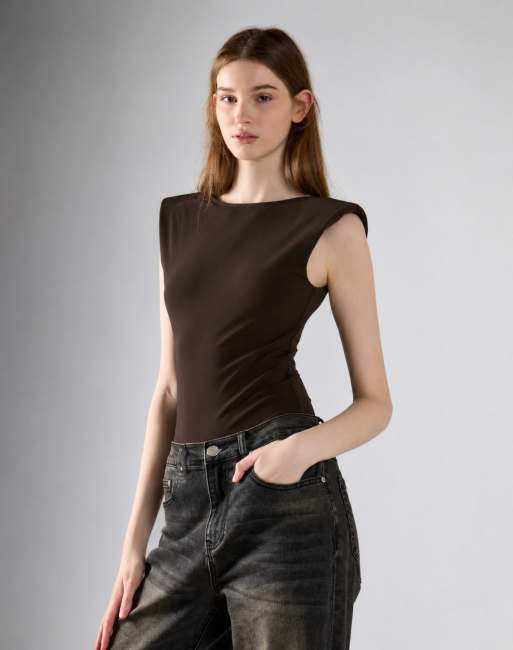Glamorous Cap sleeve bodysuit in deep brown, 4 of 4