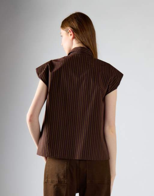 Glamorous Cap sleeve button-up shirt in khaki brown stripe, 2 of 4