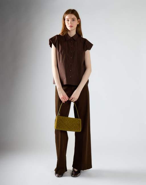Glamorous Cap sleeve button-up shirt in khaki brown stripe, 3 of 4