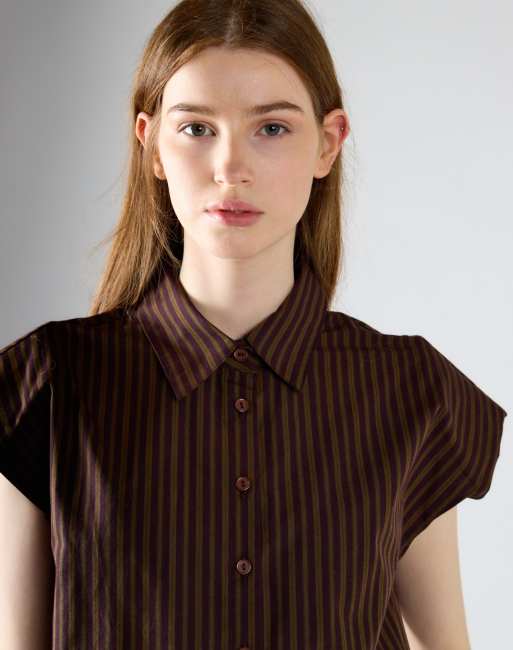 Glamorous Cap sleeve button-up shirt in khaki brown stripe, 4 of 4