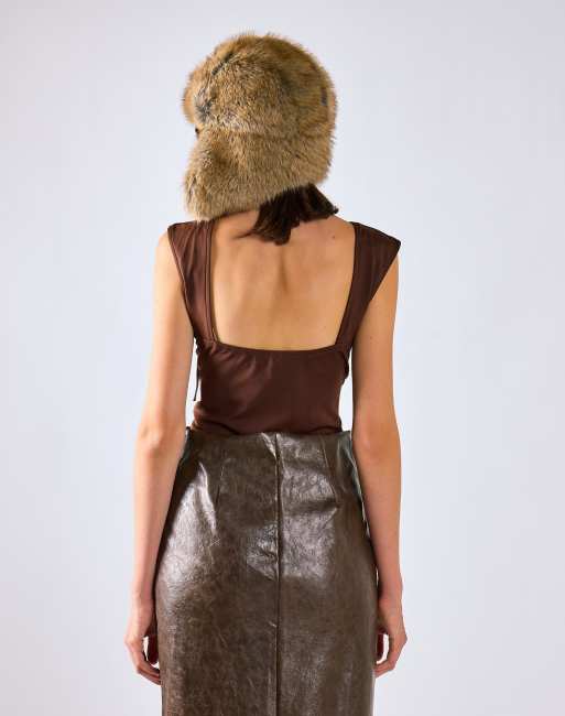 Glamorous Cap sleeve open back top in deep brown, 2 of 4