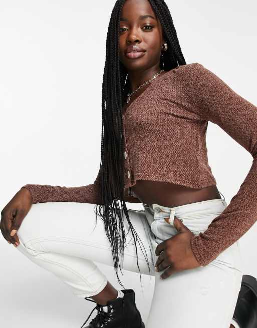 Glamorous - Cardigan corto vestibilità comoda in maglia marrone mélange, 3 di 4