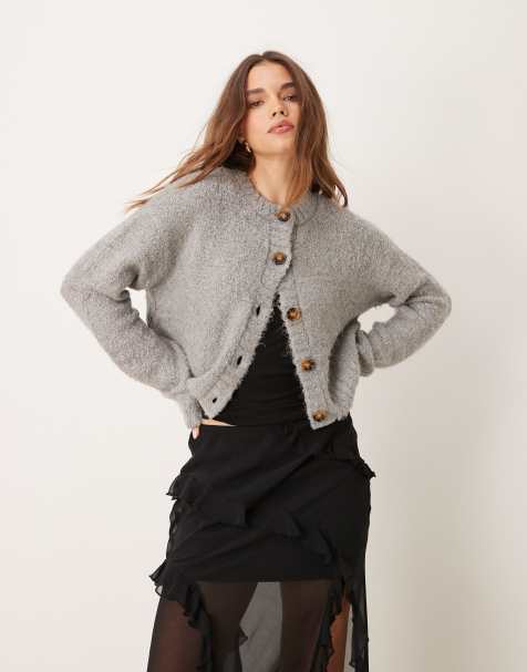 Glamorous - Cardigan pesante squadrato taglio corto grigio mélange in maglia - view 1