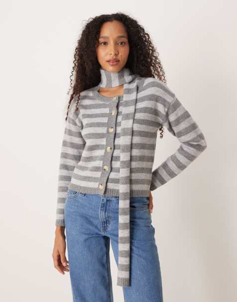 Glamorous - Cardigan squadrato grigio e bianco a righe con foulard - view 1