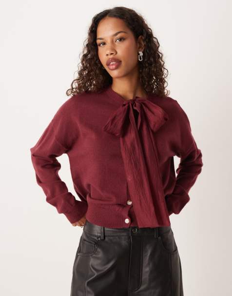 Glamorous cardigan with contrast bow in burgundy - view 1