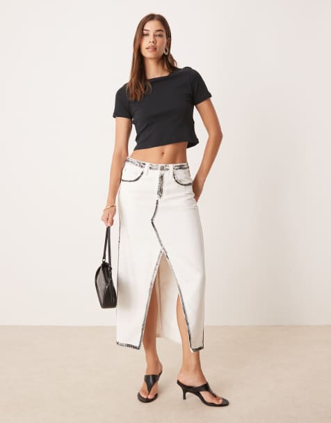 Glamorous Center split denim maxi skirt in white black edges
