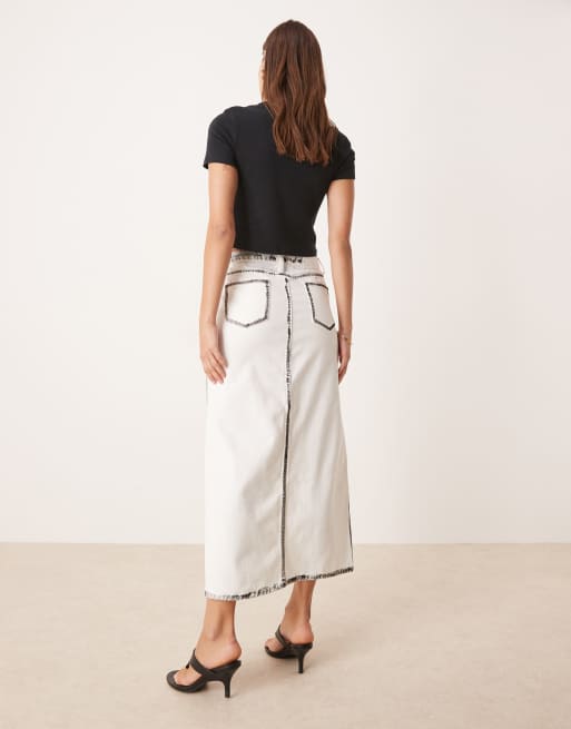 Glamorous Center split denim maxi skirt in white black edges, 4 of 5