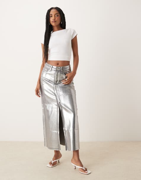 Glamorous Center split midi skirt in grey silver foil