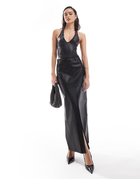 Glamorous Centre split midi skirt in black pu - view 1