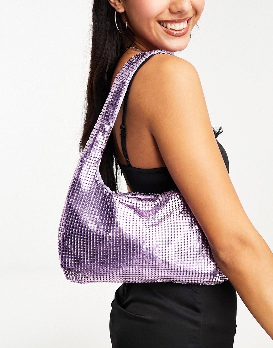 Glamorous chainmail diamante mini bag in lilac-Purple