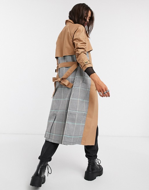 Glamorous check panel trench coat in stone