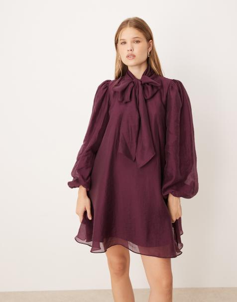 Glamorous chiffon floaty boho mini dress in berry - view 1