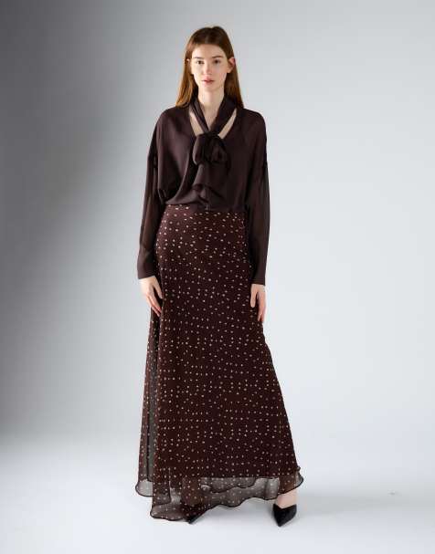 Glamorous Chiffon maxi skirt in brown cream spot