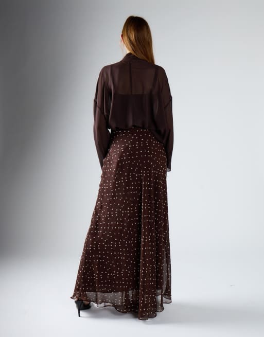 Glamorous Chiffon maxi skirt in brown cream spot, 3 of 4