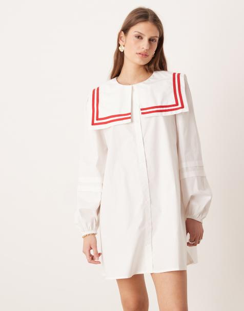 Glamorous chuck on boxy shirt dress with square neck collar in white with red tipping