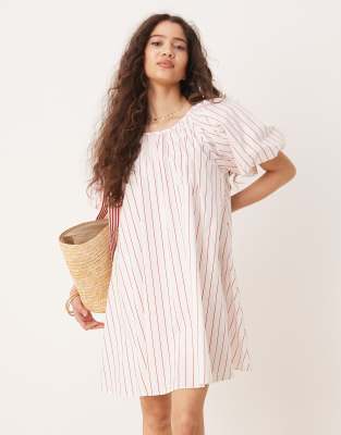 chuck on smock dress with puff sleeves in white red stripe-Multi