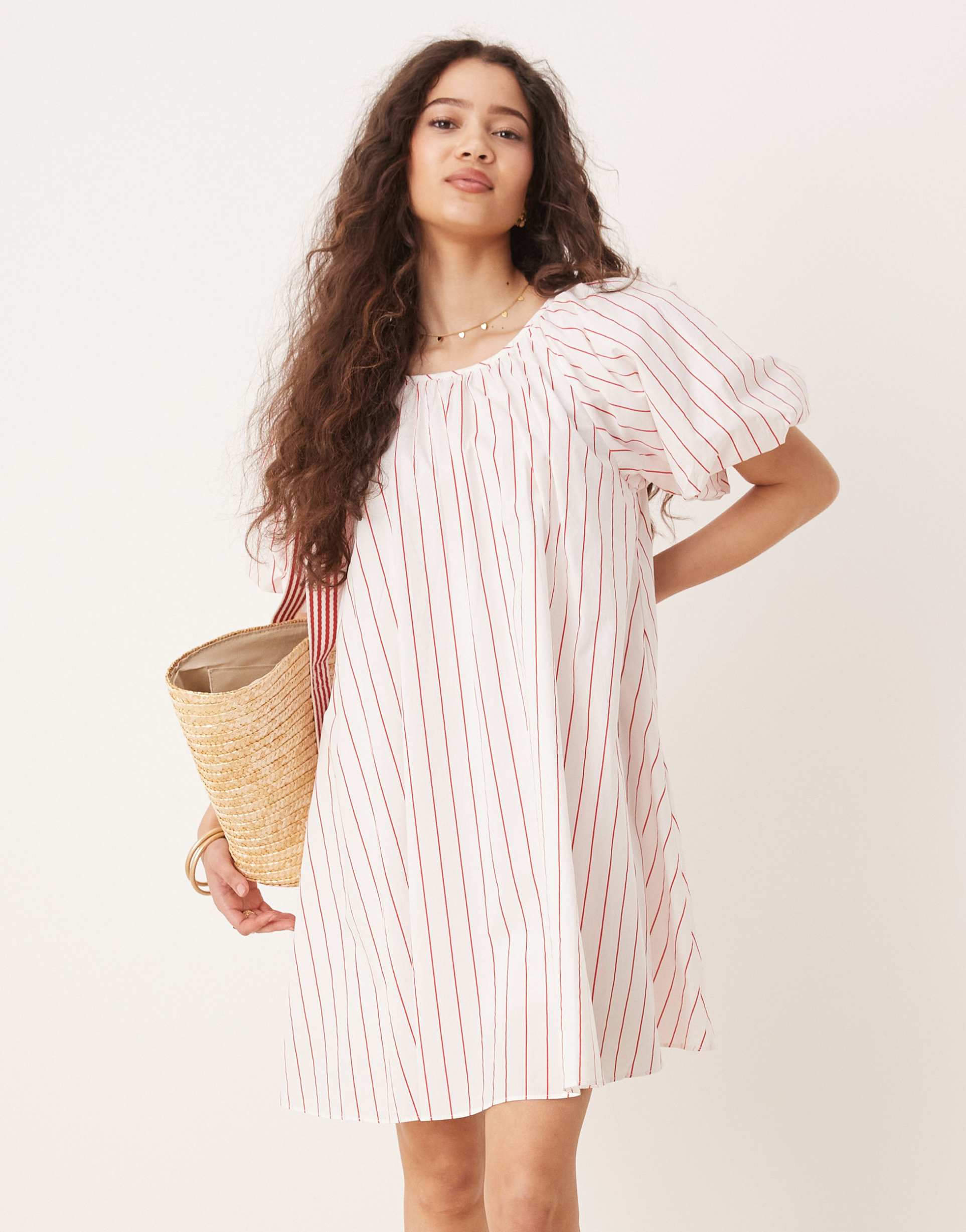 glamorous chuck on smock dress with puff sleeves in white red stripe