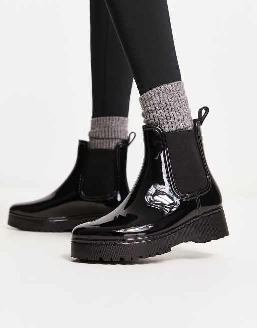 Black patent store rain boots