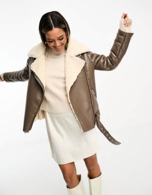 ASOS LUXE Curve real suede ruched waist aviator coat with faux shearling in  brown