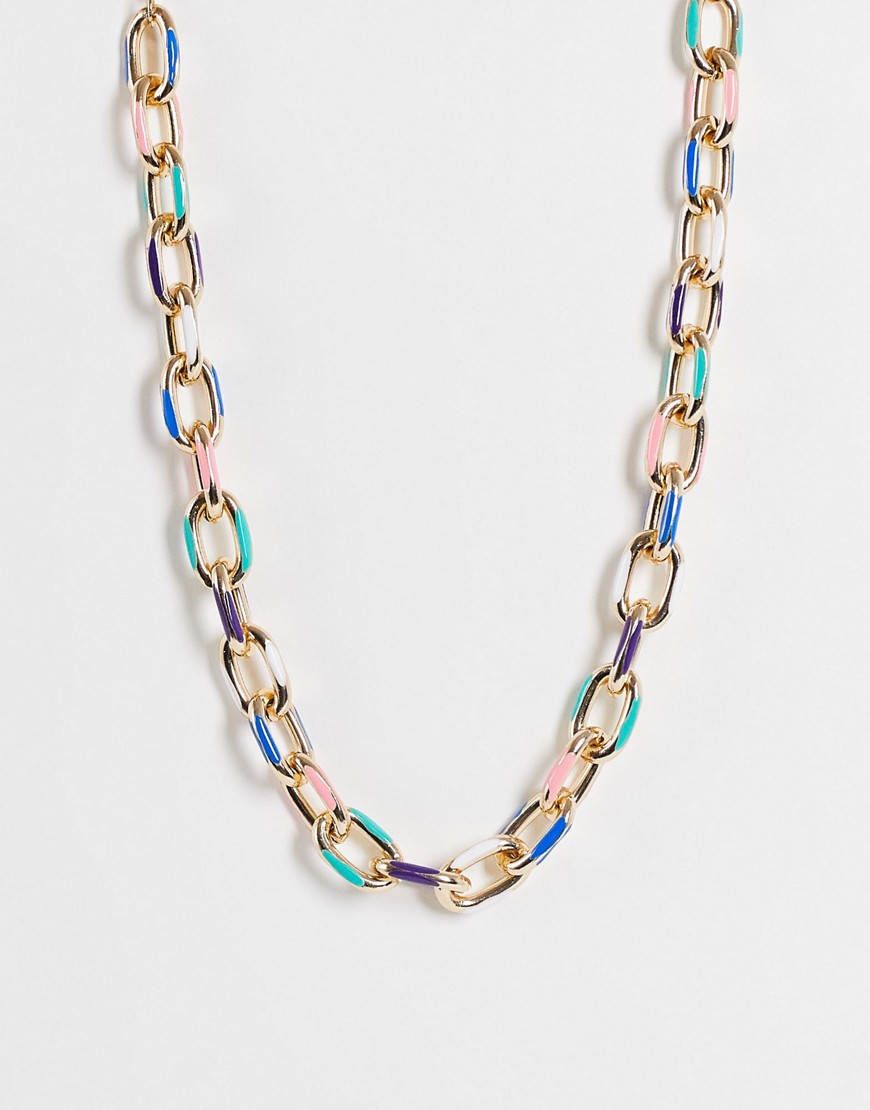 Glamorous Chunky Chain Necklace With Rainbow Enamel In Gold-multi