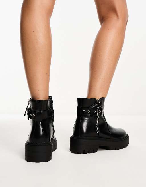 Black Pu Round Diamante Buckle Chunky Ankle Boots