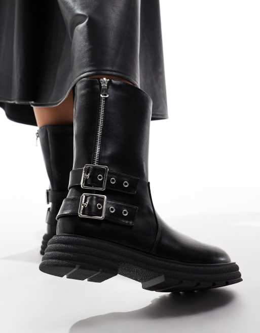 Black ankle boots with buckles and studs best sale