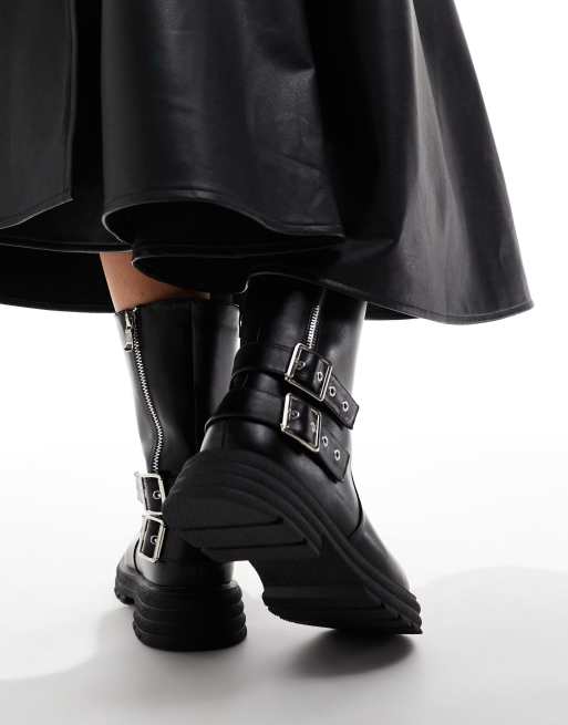 Glamorous chunky chelsea boots with buckles and zip in black