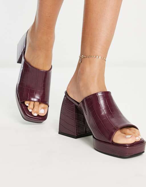 Chelsea & Violet Tess Block Chunky Heel Mules Burgundy Red-Berry