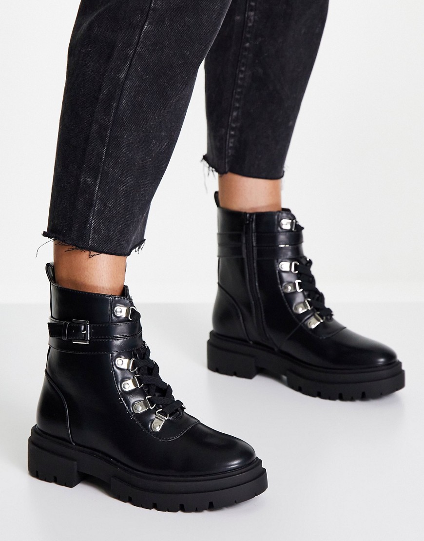 Glamorous Chunky Hiker Ankle Boots In Black