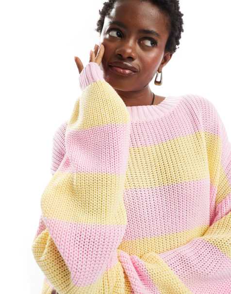 Glamorous chunky knitted pink yellow stripe jumper - view 1