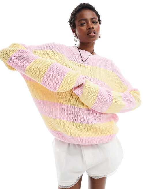Glamorous chunky knitted pink yellow stripe jumper ASOS