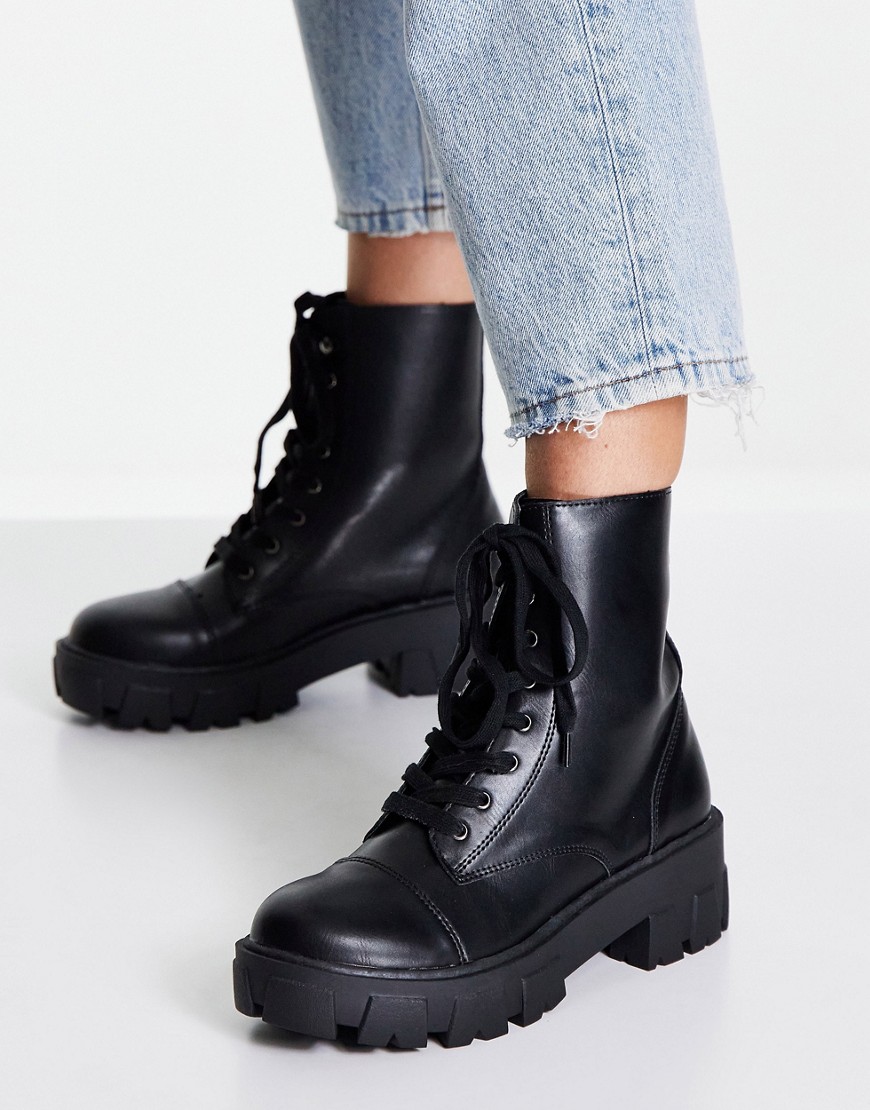 Glamorous Chunky Lace Up Boots In Black Croc
