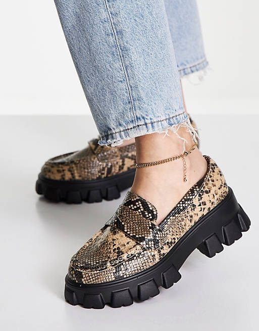 Glamorous chunky loafer shoes in natural snake print