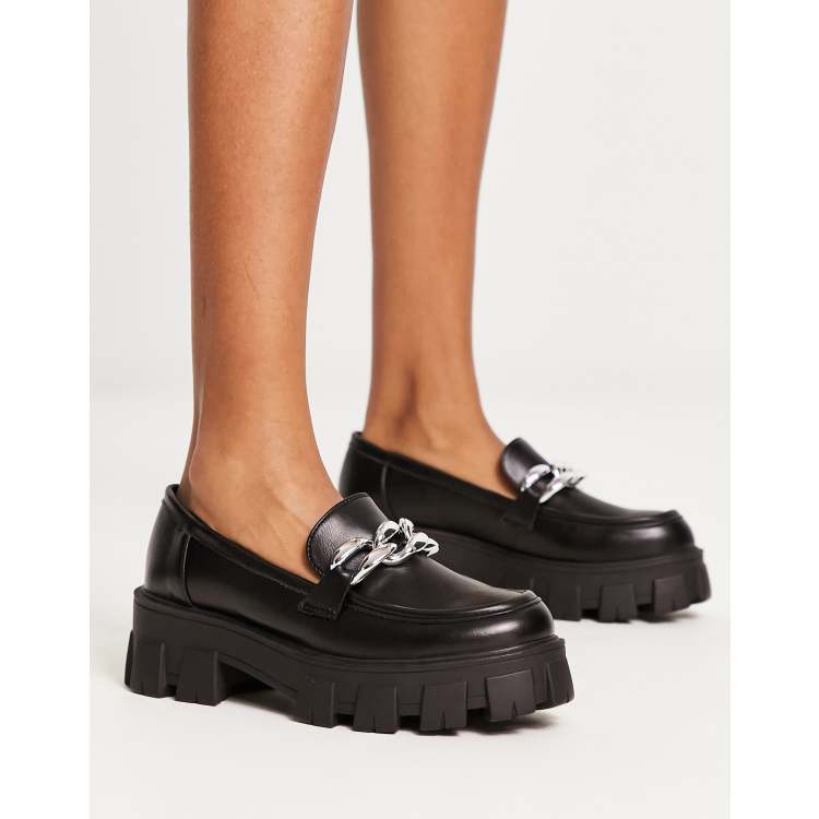 Glamorous chunky loafers with silver chain in black | ASOS