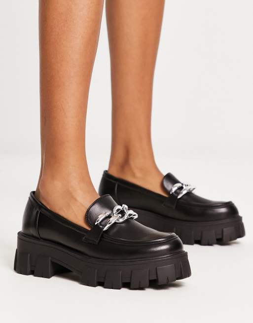 Glamorous chunky loafers with silver chain in black | ASOS