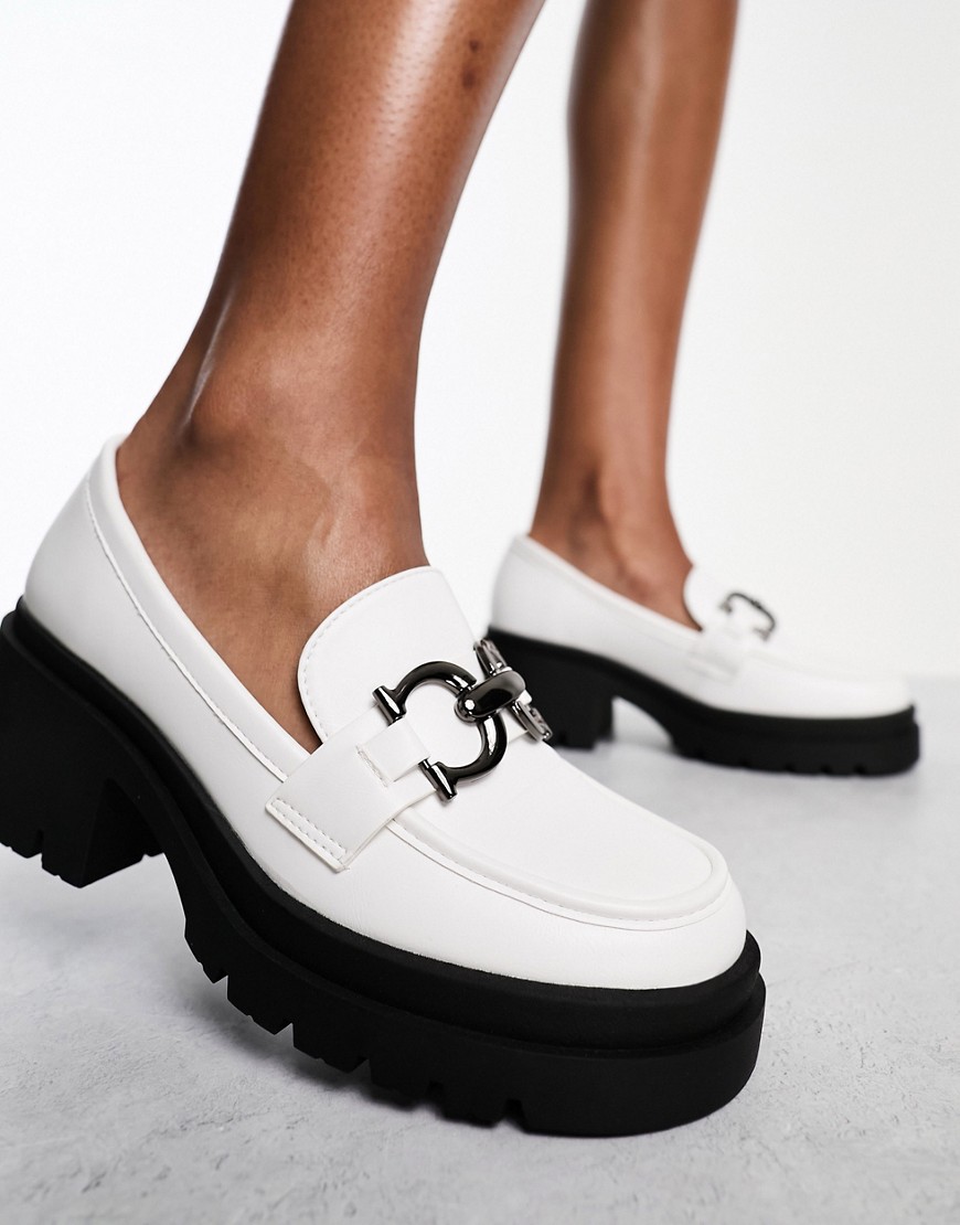 chunky mid heeled loafers with buckle in off white