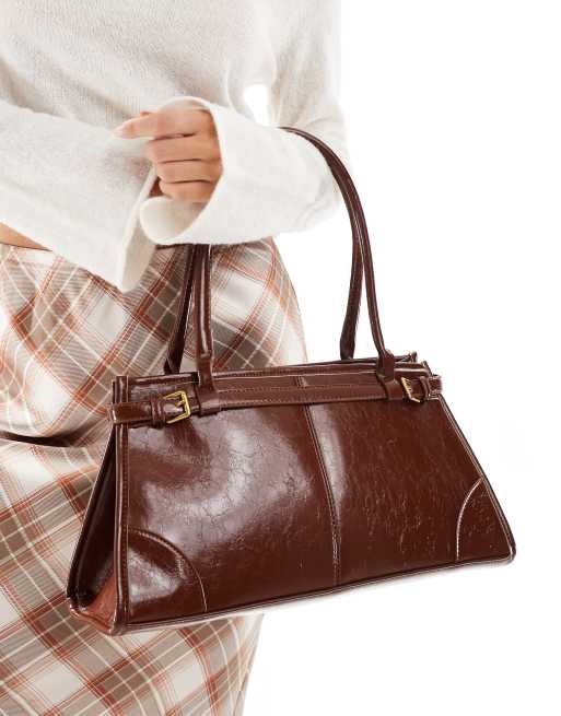 Glamorous – Ciemnobrązowa, długa torebka na ramię z ozdobnym paskiem, 2 z 4